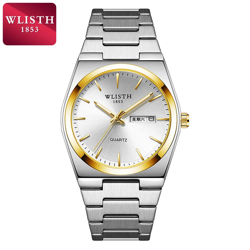 Men's Quartz Watch with Luminous Hands, Date & Week Display, Stainless Steel Band, Water Resistant