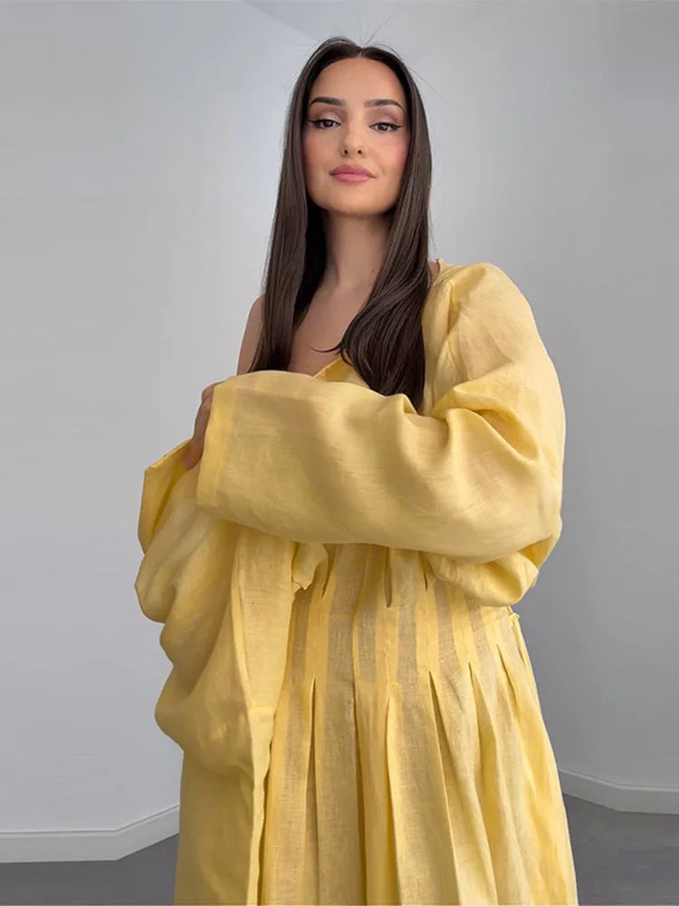 Casual Pleated Women's Dress Solid  Long Sleeve O-Neck Waist-Closed Lace-Up Dresses 2026 Chic Female Vacation Holiday Robe