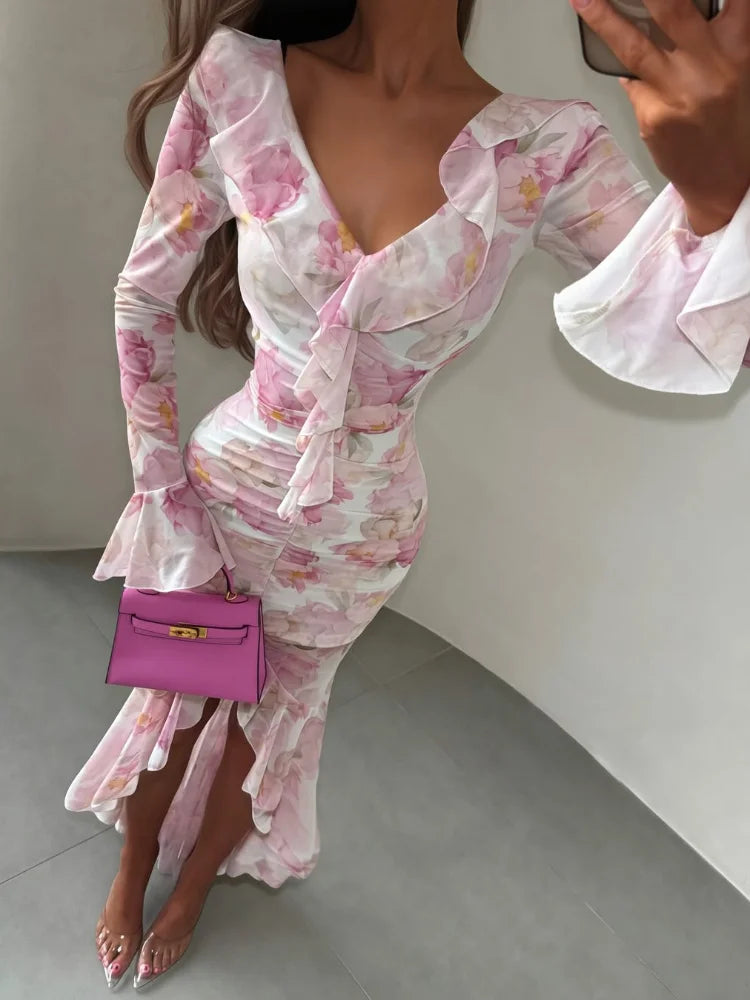 Women Elegant Printed V-neck Dress Chic Lapel Waist Cinched Pleated High Waisted Dresses 2026 Summer New Lady Vacation Vestidos