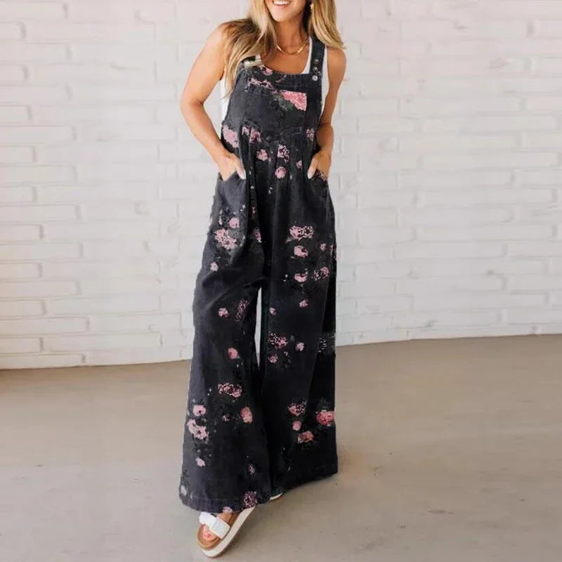 Summer Floral Printed Sleeveless Jumpsuit Women Casual Pocket Multicolor Overalls Square Wide Pants Jumpsuit Women Playsuits