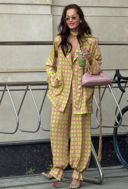 Lime Pink Polka Dot 2 Piece Set Oversized Long Sleeve Lapel Blazer Cuffed Wide Leg Trousers Sets Chic Casual Daily Outing Outfit
