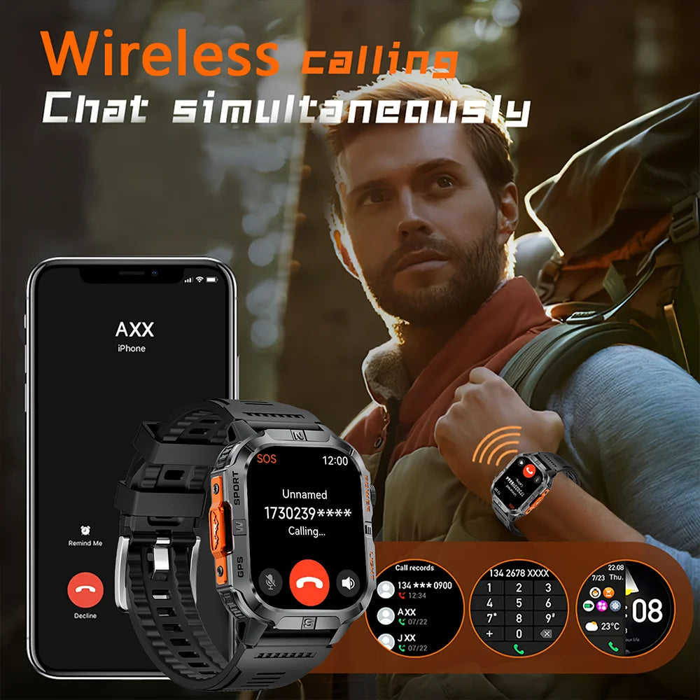 Rugged Outdoor Smart Watch for Men, 2.01" Display, GPS, Compass, LED Flashlight, IP68