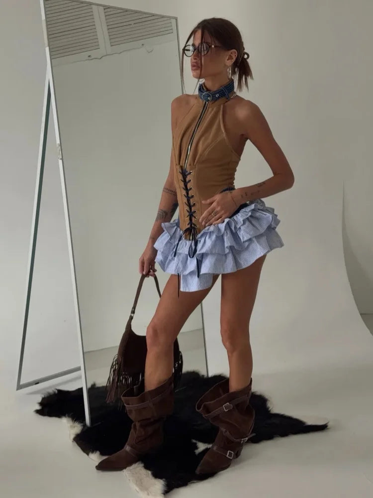 Color-Block Denim & Canvas Corset Ruffle Mini Dress Halter Neck Lace-Up Zipper Front Layered 2026 Summer Edgy Retro Women Outfit