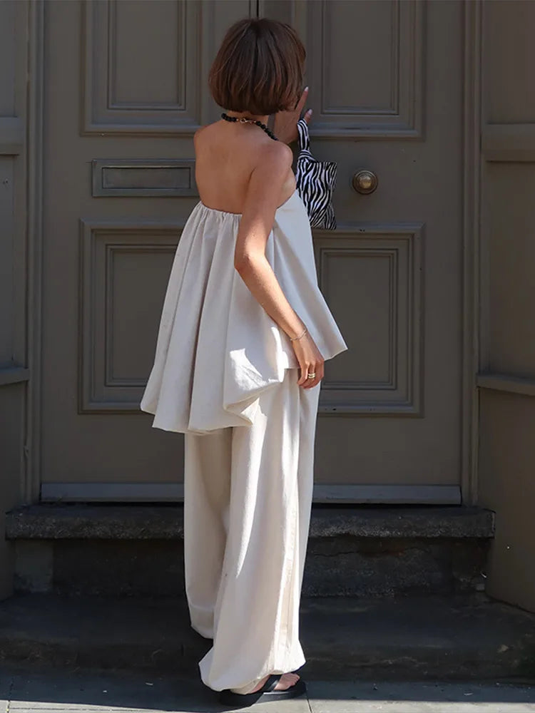 Casual Solid Two-Piece Set Women Strapless Sleeveless Pleated Top Loose Lantern Pants 2026 Summer New Lady Casual Basic Outfit