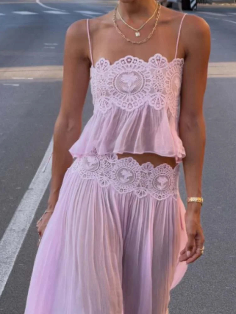 Women Pink Lace Mesh 2 Piece Outfit Straps Floral Cropped Cami High Waist Wide Leg Trousers Set Bohemian Seaside Holiday Suit