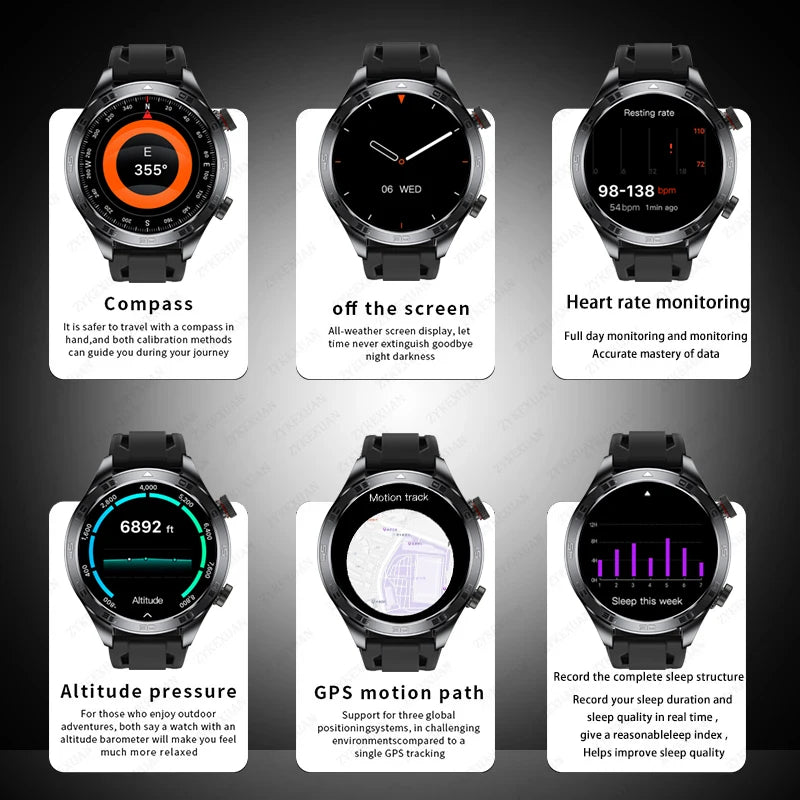 Outdoor GPS Smart Watch with AMOLED Screen, Compass, Bluetooth Calling, IP68 Waterproof
