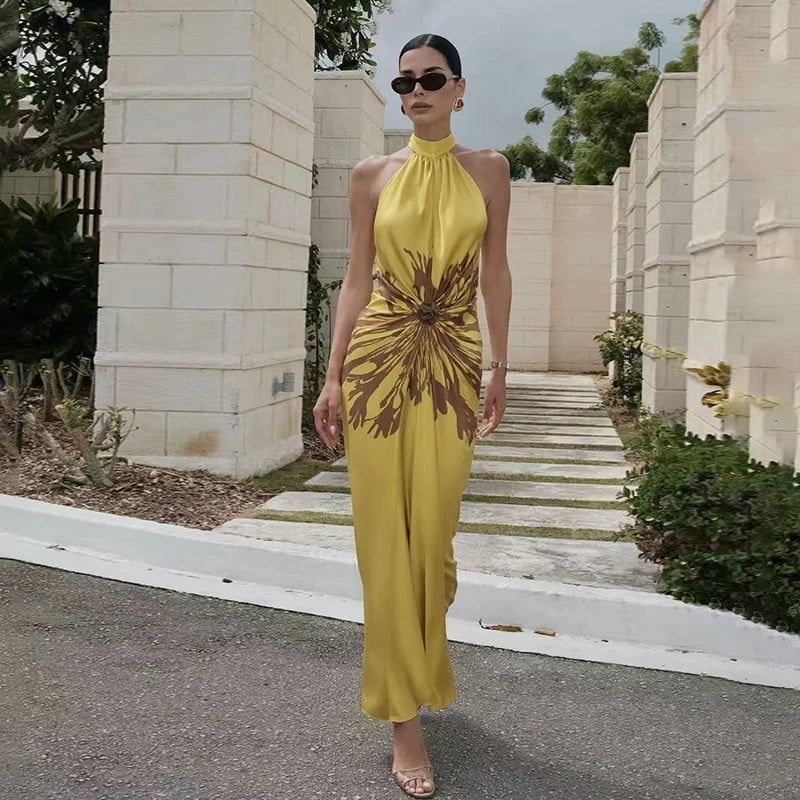 2026 Summer Printed Halter Maxi Dress Women Sleeveless Pleated Chic Satin Long Dresses Fashion Vacation Beach Party Lady Robe