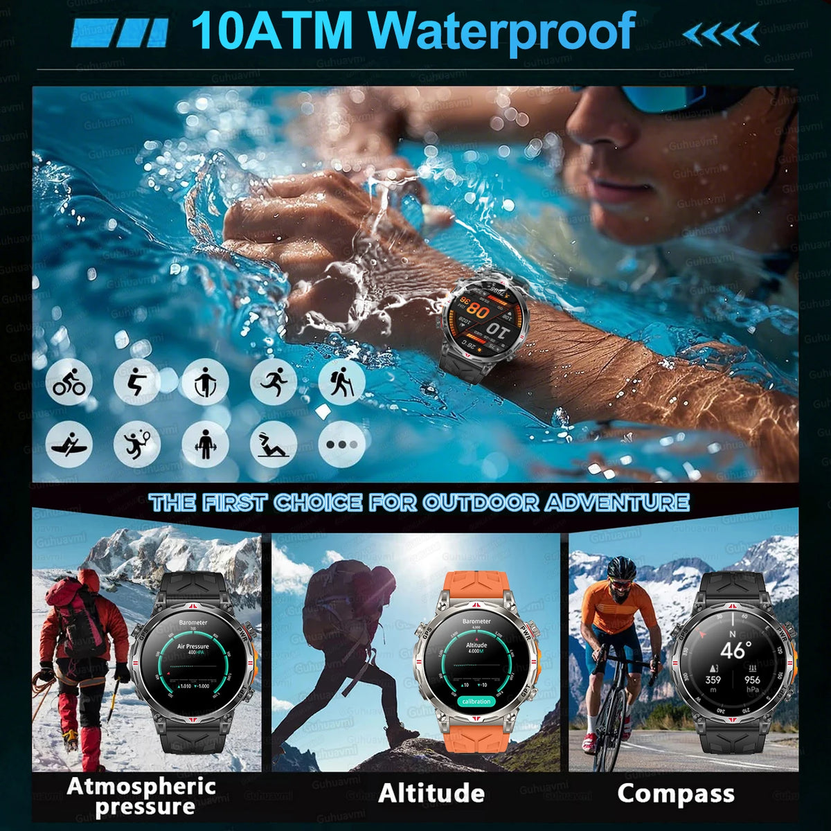 Outdoor GPS Sports Smart Watch for Men, 1.56" AMOLED, Compass, 10ATM Water Resistant