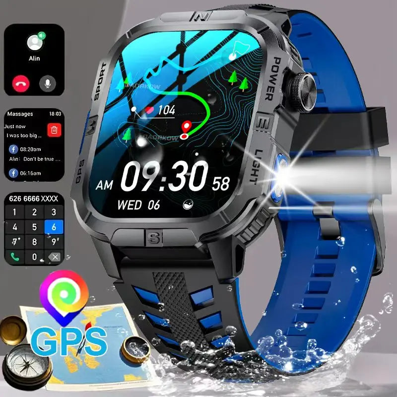 Rugged Outdoor Smart Watch for Men, 2.01" Display, GPS, Compass, LED Flashlight, IP68