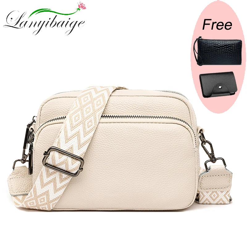 Genuine Leather Crossbody Bag – Soft Cowhide Messenger Bag with Wide Strap