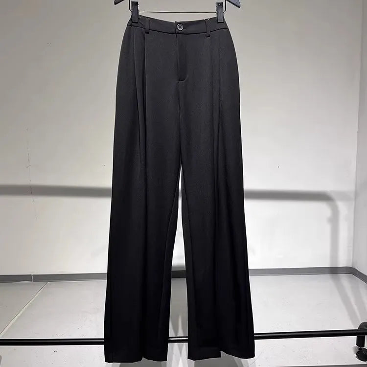 2026 Fall Winter Elegant Gray Suits Pants for Women Office Lady High Waist Wide Leg Fashion Trousers with Pockets Black Pant
