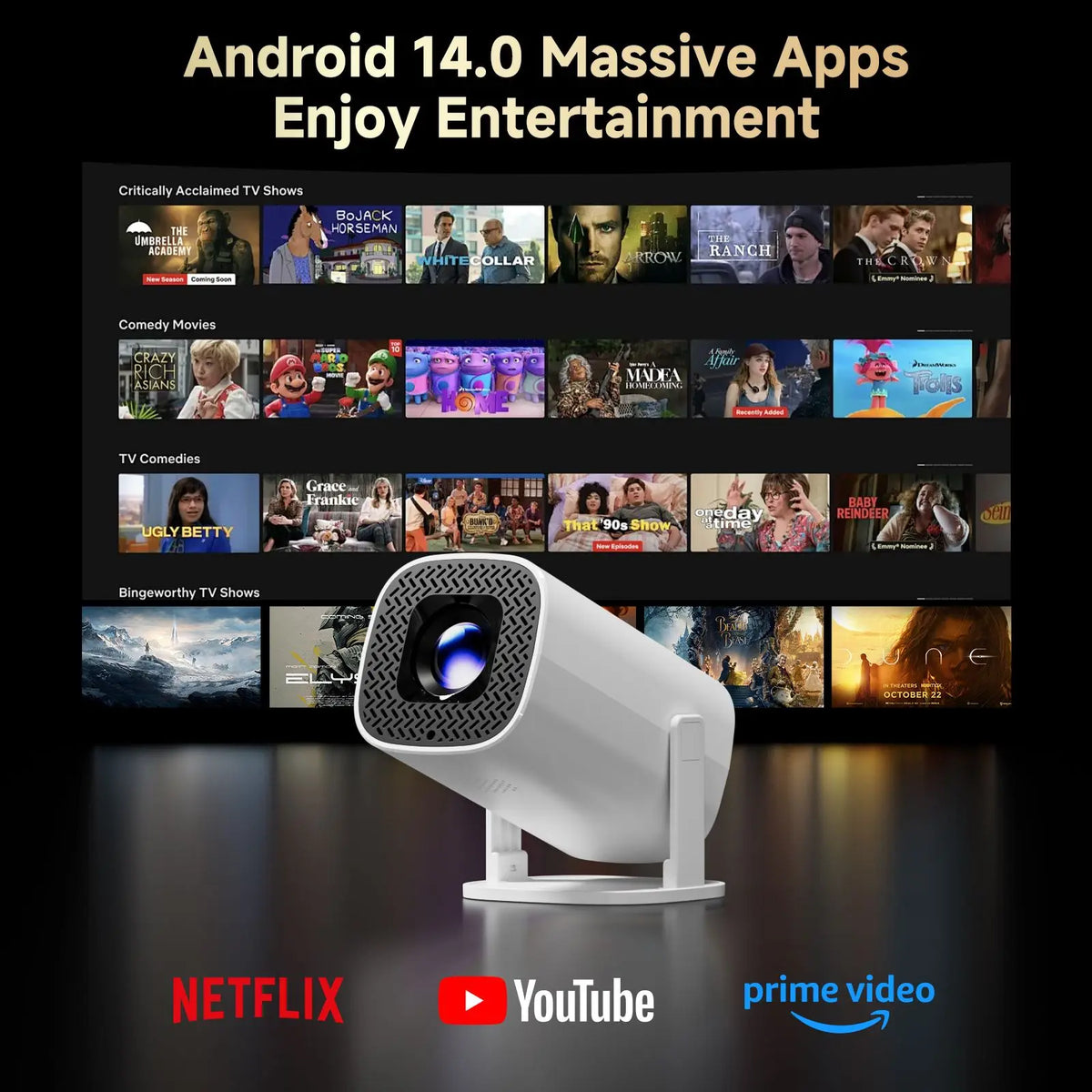 Smart Mini Projector – Android 14, WiFi 6, Bluetooth, 4K Supported Home Theater