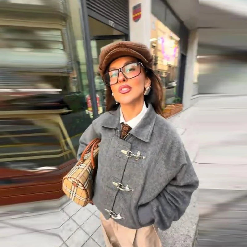 Women' S Vintage High Neck Jacket Metal Buckle Zipper Loose Coat Full Sleeve Outwears 2025 New Lady Fall Winter Streetwears