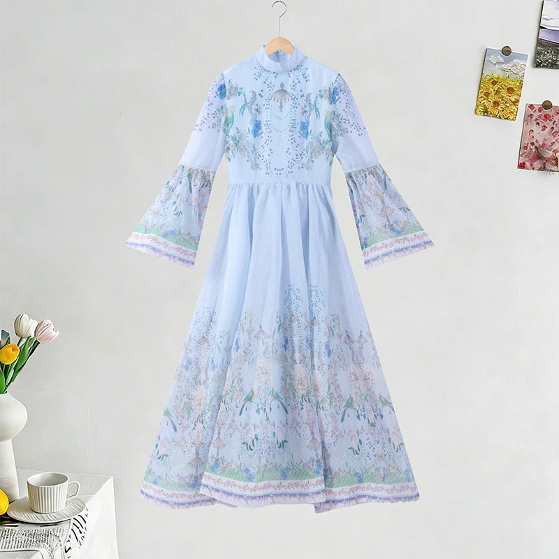 Elegant Women's Dress Full Sleeve Waist Belt A-line Hem Female Printed Dresses 2026 Summer Fashion Chic New Holiday Lady Robe