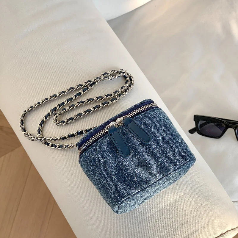 Mini Denim Crossbody Bag with Chain Strap – Quilted Box Shoulder Bag