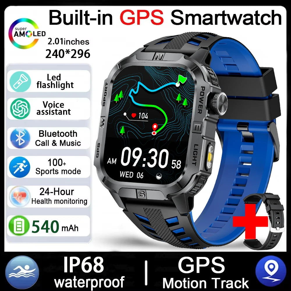 Rugged Outdoor Smart Watch for Men, 2.01" Display, GPS, Compass, LED Flashlight, IP68