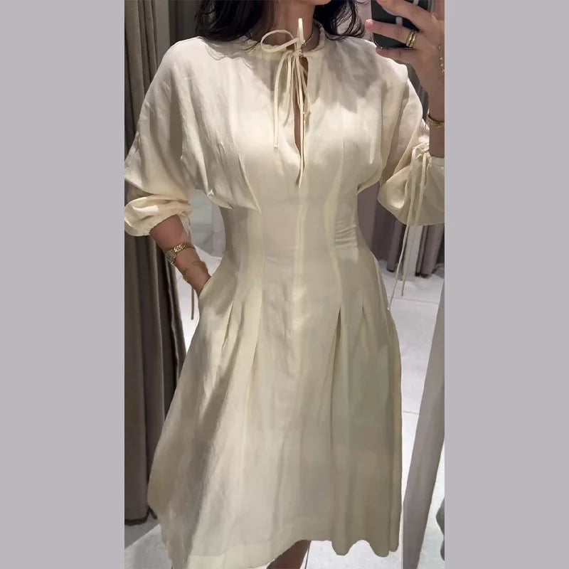 Casual Pleated Women's Dress Solid  Long Sleeve O-Neck Waist-Closed Lace-Up Dresses 2026 Chic Female Vacation Holiday Robe