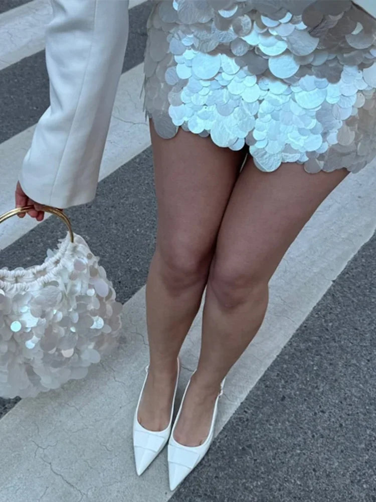 Iridescent Paillette Sequin Mini Skirt High-Waisted Flared A-Line 2026 Summer Fashion Chic Mermaid Women Beach Y2K Sweet Skirts