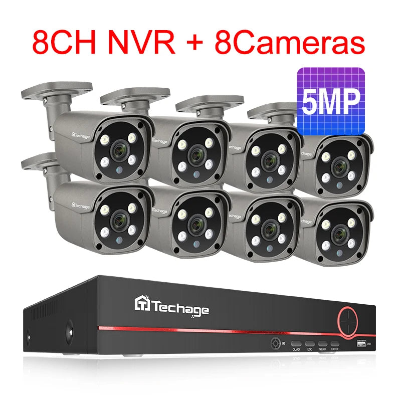 Techage 8CH 8MP 5MP 4K PoE Camera System 2-Way Audio Colorful Night H.265 Smart AI Face Detection CCTV Video Surveillance XMEYE