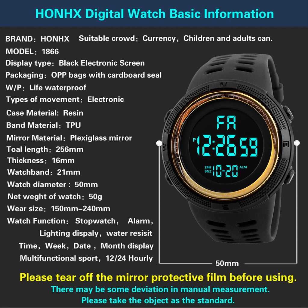 Men's Digital Sports Watch, 50m Water Resistant, Luminous Display, Alarm & Stopwatch