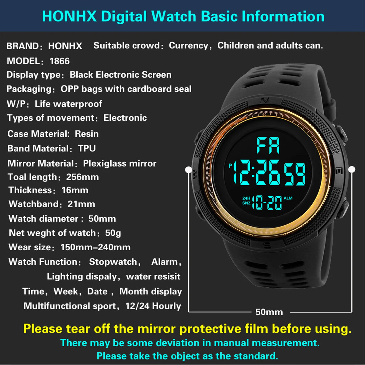 Men's Digital Sports Watch, 50m Water Resistant, Luminous Display, Alarm & Stopwatch