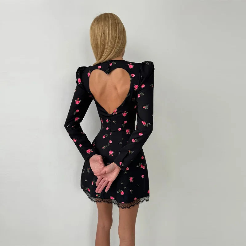 Chic Floral Two-tone Print Dress Long Puff Sleeves Round Neck Back Heart Cutout Lace Trim A-line Mini Dress Party Fashion Gown