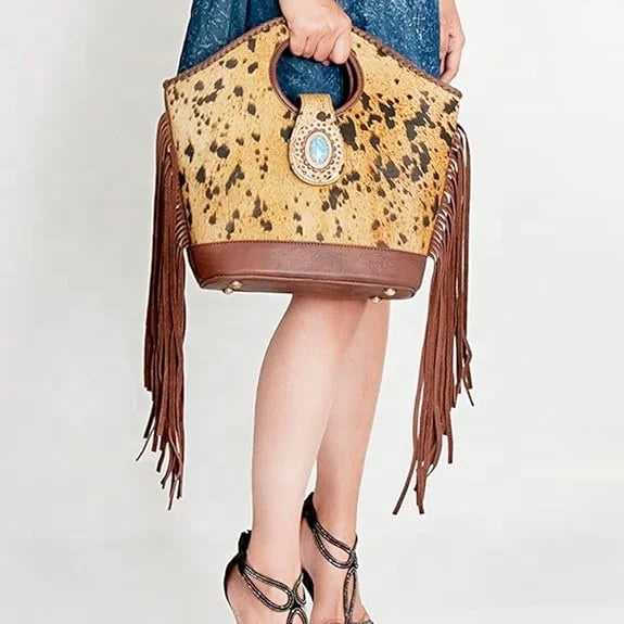 Women's Boho Fringe Shoulder Bag – Leather Crossbody Bucket Bag with Turquoise Accent