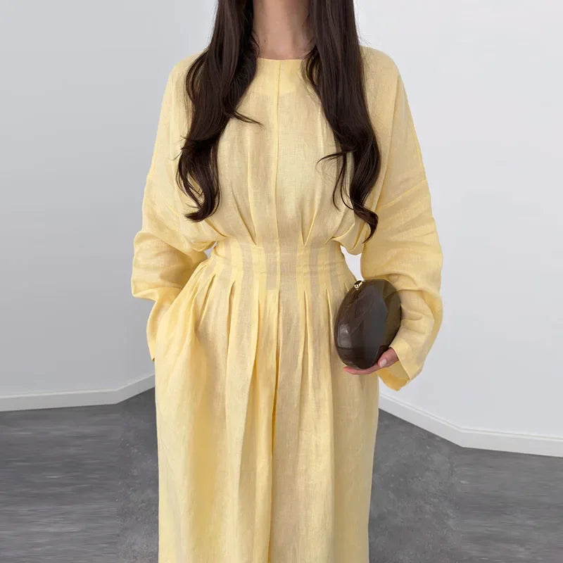 Casual Pleated Women's Dress Solid  Long Sleeve O-Neck Waist-Closed Lace-Up Dresses 2026 Chic Female Vacation Holiday Robe