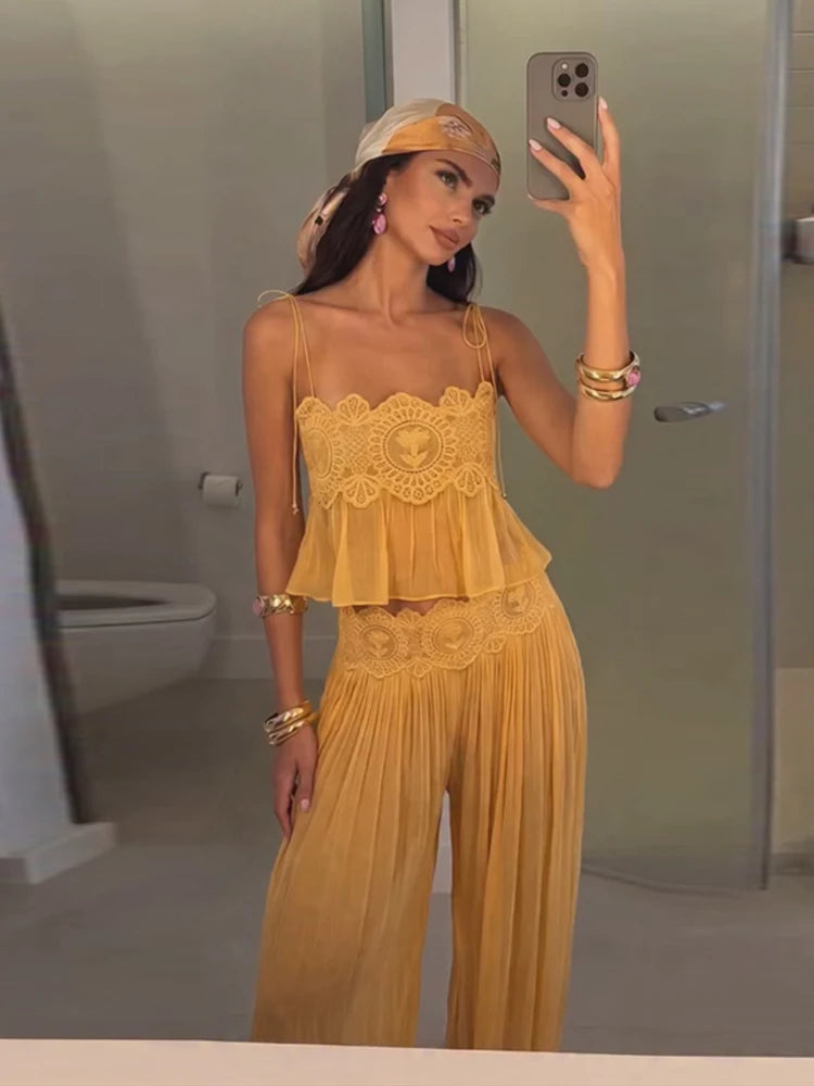 Sexy Solid Lace Vest Trouser Suits Women Sling Patchwork Lace-Up Top Wide Leg Pants Set Female 2026 Summer Chic Female Outfits