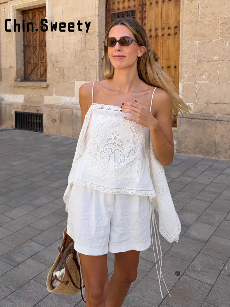 Fashion Women's White Hollow Out Sling Top Loose Sleeveless Backless Lace Up Irregular Hem All-match Tops 2026 Summer Lady Vest