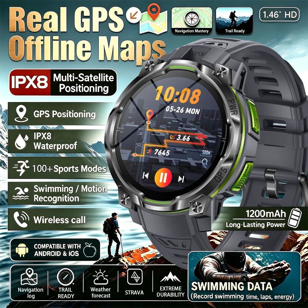 Outdoor GPS Smart Watch with Offline Maps, 1.46" AMOLED, Compass, Altimeter, IPX8