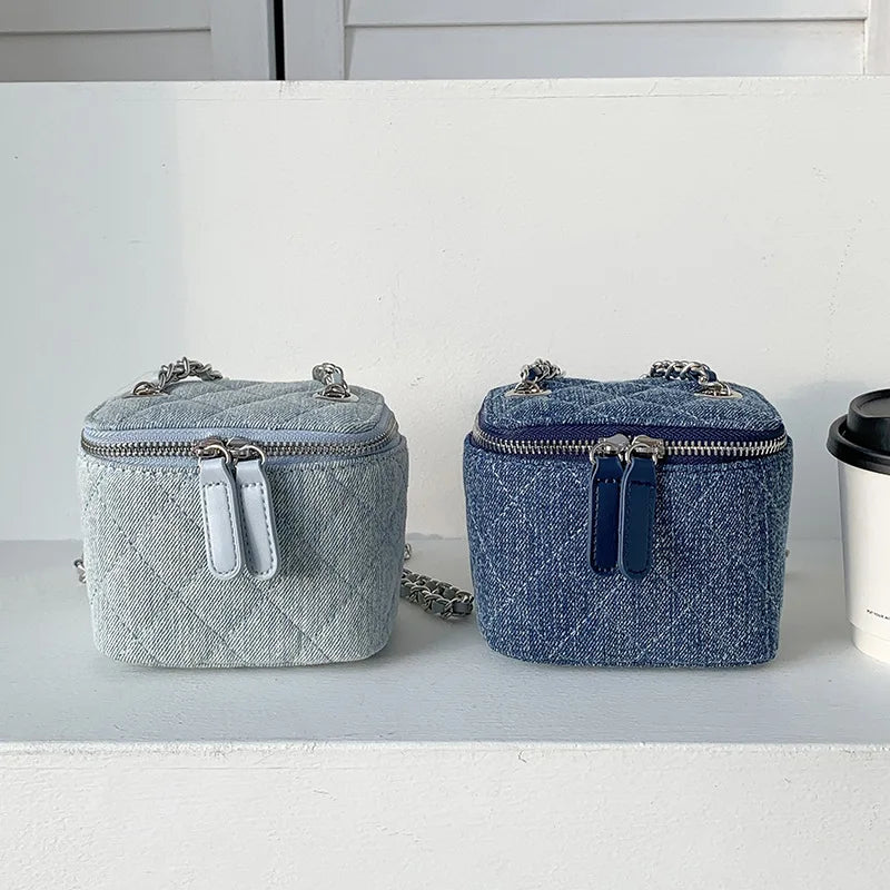 Mini Denim Crossbody Bag with Chain Strap – Quilted Box Shoulder Bag