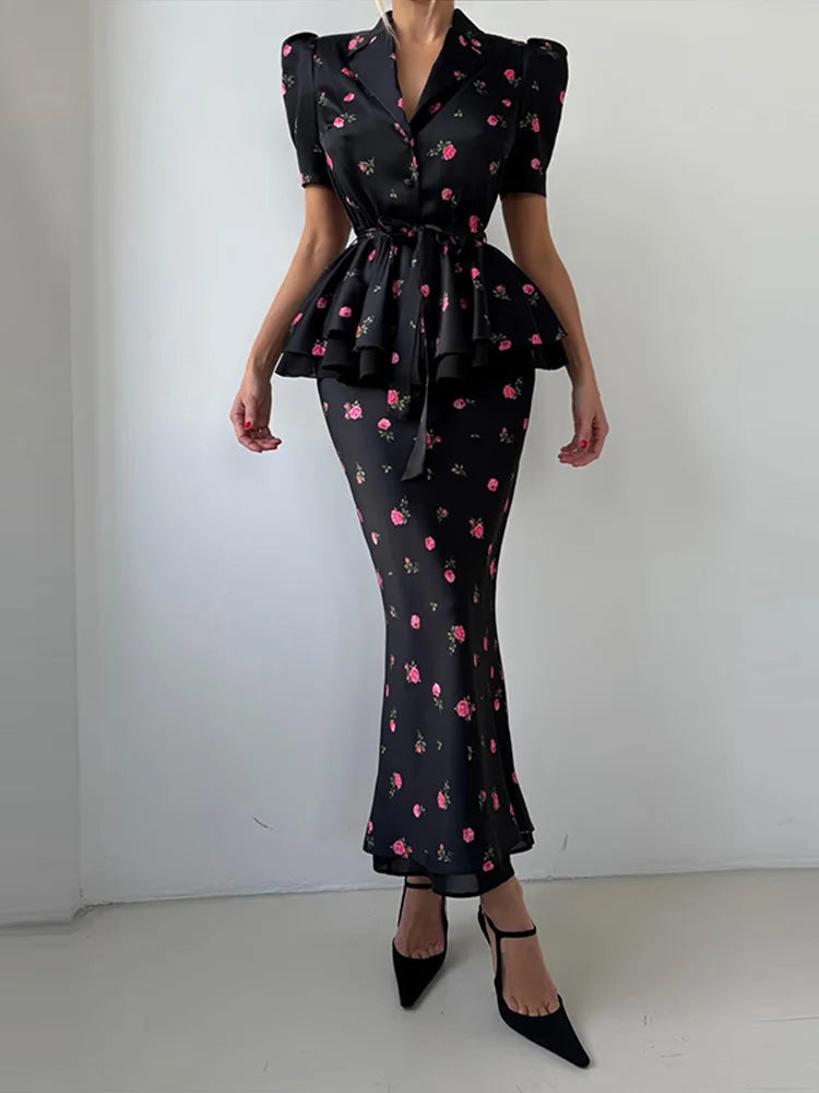 Floral Print Mermaid Skirt Set Women V-Neck Long Flare Sleeve Top Waist Cinched Ruffle Hem Maxi Skirts 2026 Chic Party Lady Suit