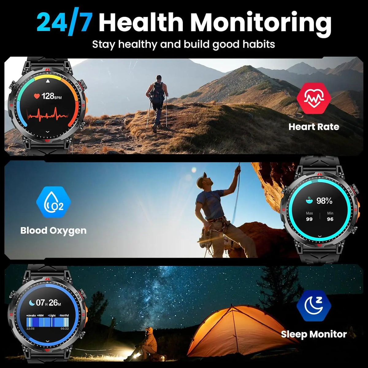 Outdoor GPS Sports Smart Watch for Men, 1.56" AMOLED, Compass, 10ATM Water Resistant