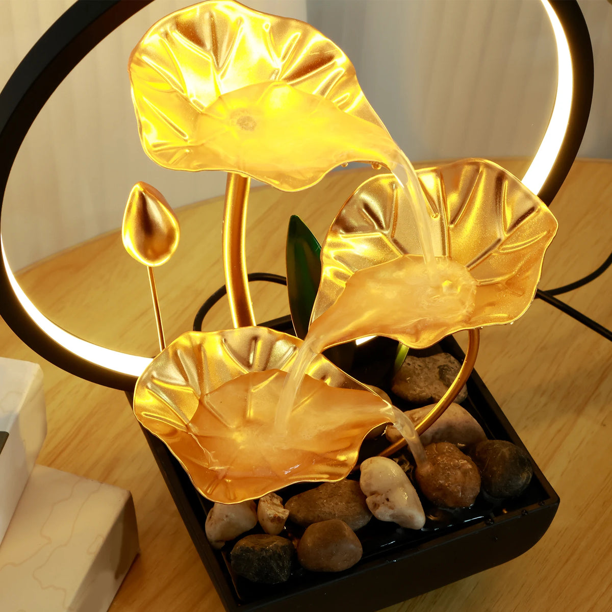 Tabletop Water Fountain with LED Lights – USB Desktop Waterfall Decor