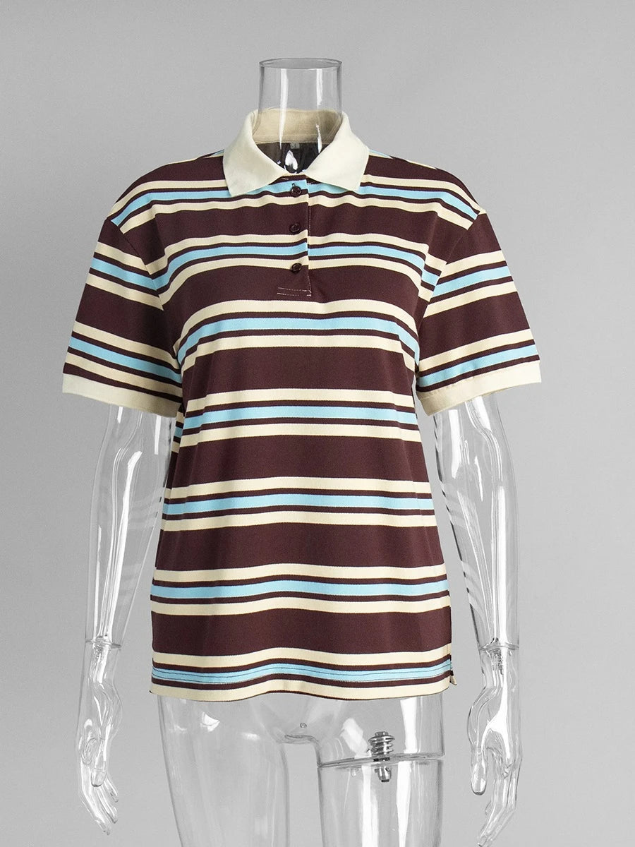 Sumuyoo Women's Retro Striped Polo T-Shirt Loose Fit Short Sleeve Casual Knitted Shirt Fashionable Summer Top for Ladies