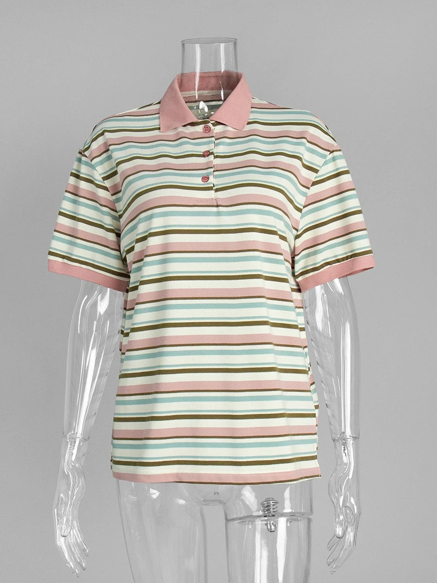 Sumuyoo Women's Retro Striped Polo T-Shirt Loose Fit Short Sleeve Casual Knitted Shirt Fashionable Summer Top for Ladies