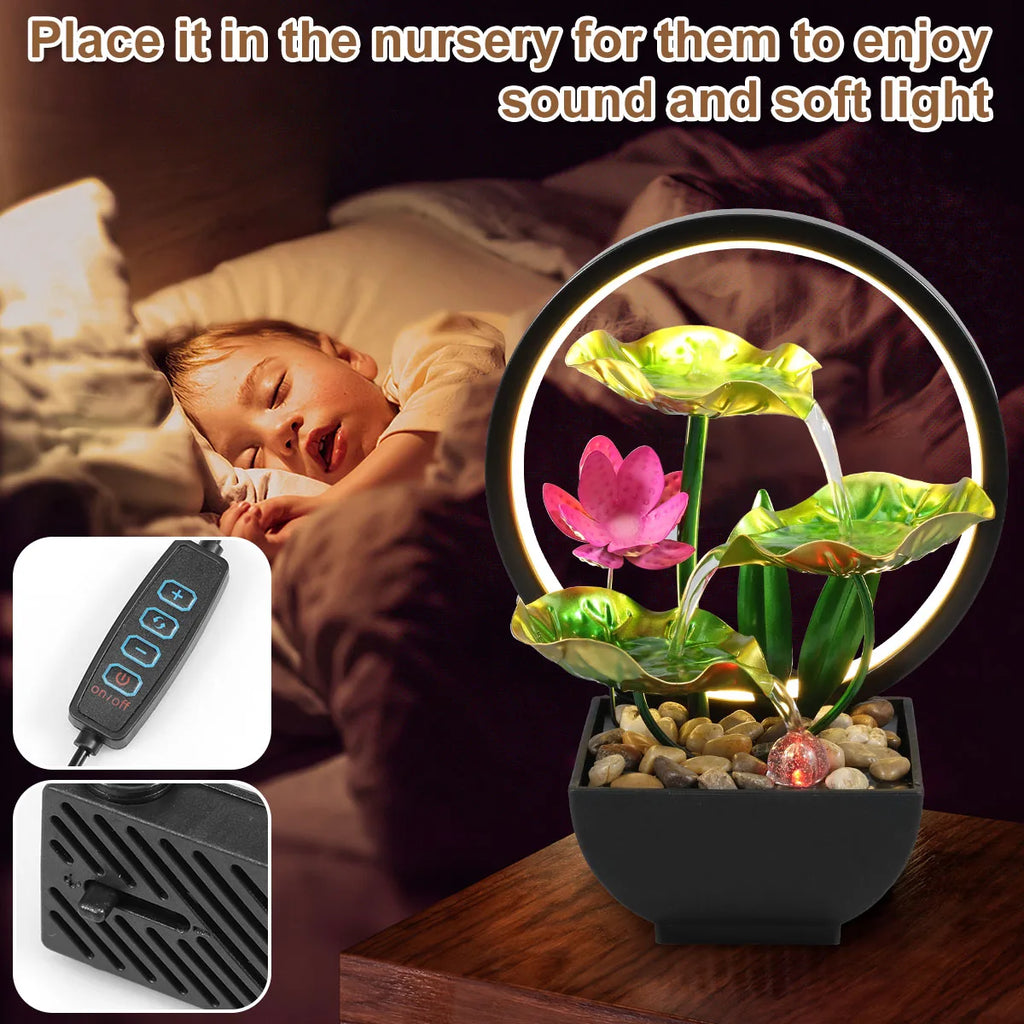 Tabletop Water Fountain with LED Lights – USB Desktop Waterfall Decor