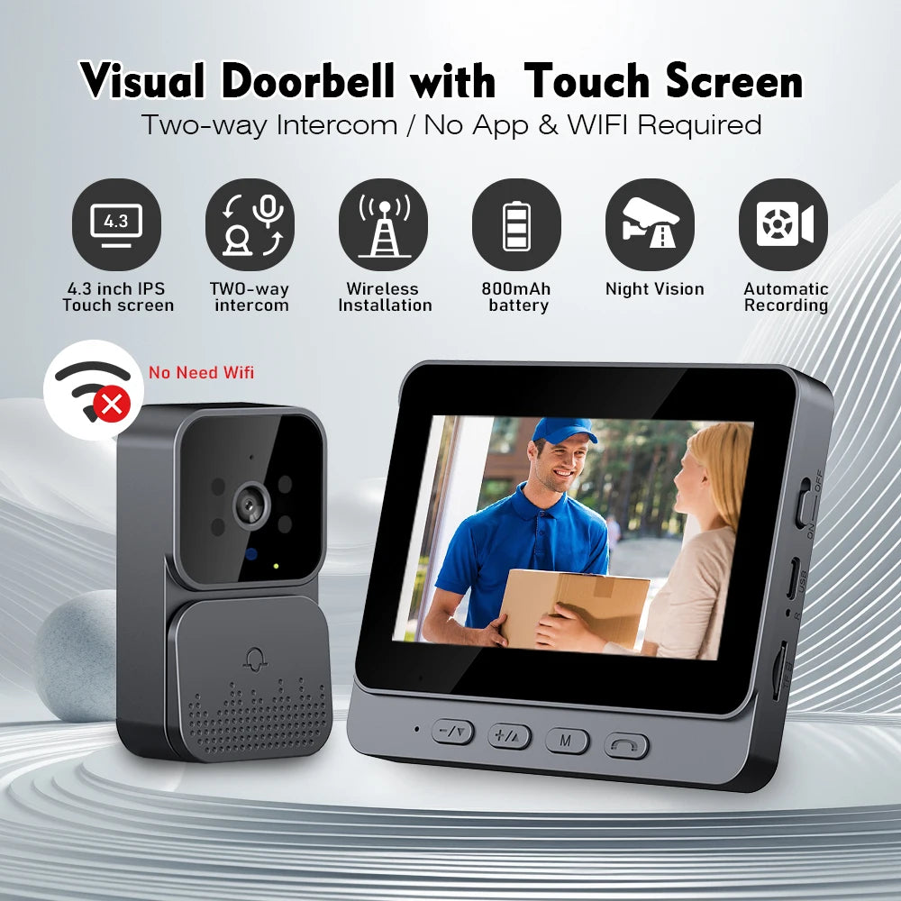 Video Doorbell with Intercom  Doorbell Camera with 4.3 Inch Screen Household Infrared Night Version Two-Way Speaking Long Batter