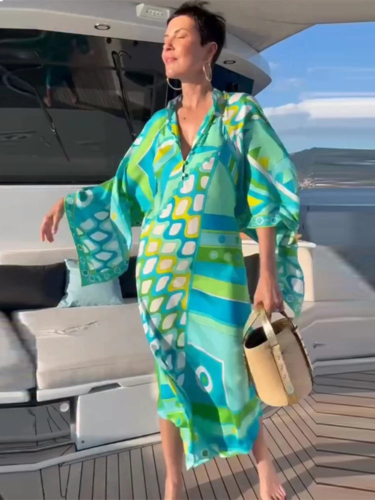 Fashion Geometric Printed Dress For Women Stand Neck Wide Sleeve Buttons Vacation Dresses 2026 Summer Lady Loose Beach Robe