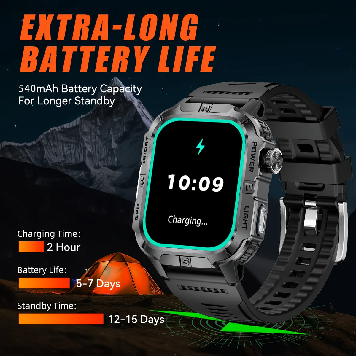 Rugged Outdoor Smart Watch for Men, 2.01" Display, GPS, Compass, LED Flashlight, IP68