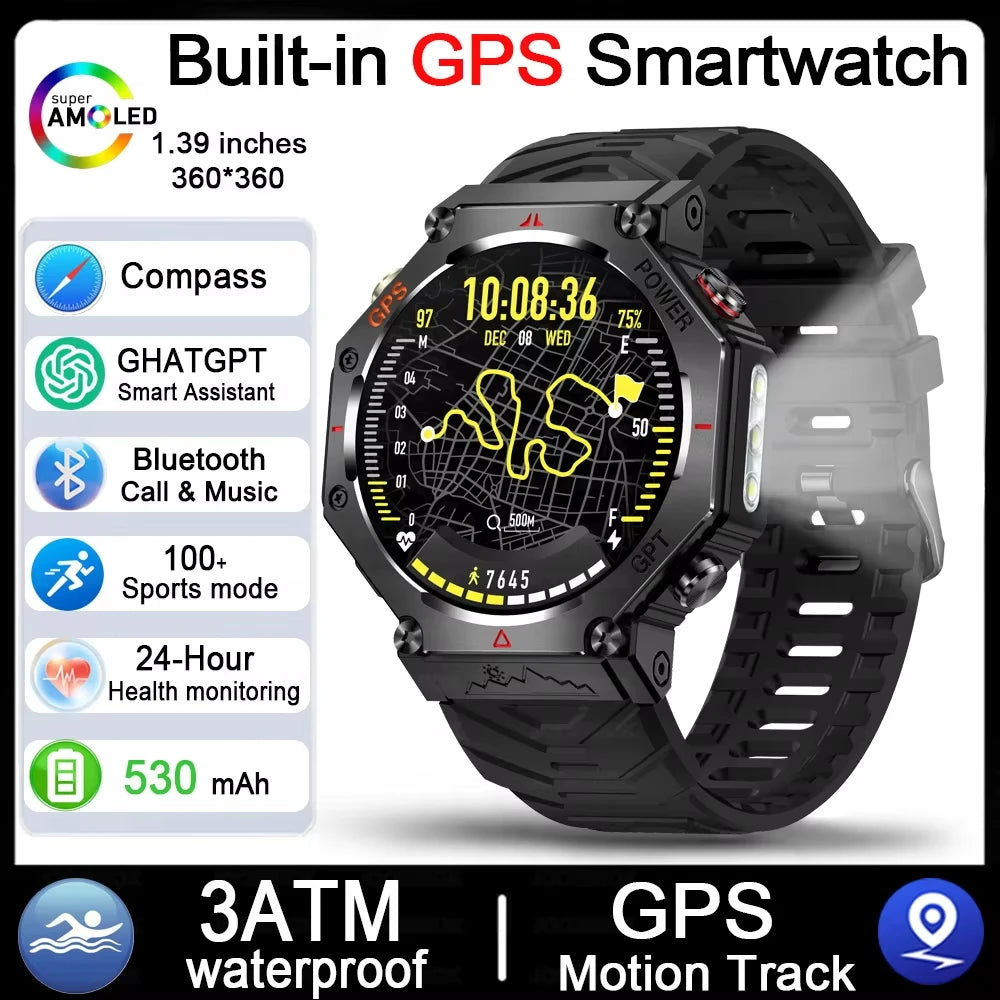 Military Outdoor GPS Smart Watch for Men, 1.39" Display, 5ATM, 530mAh Battery