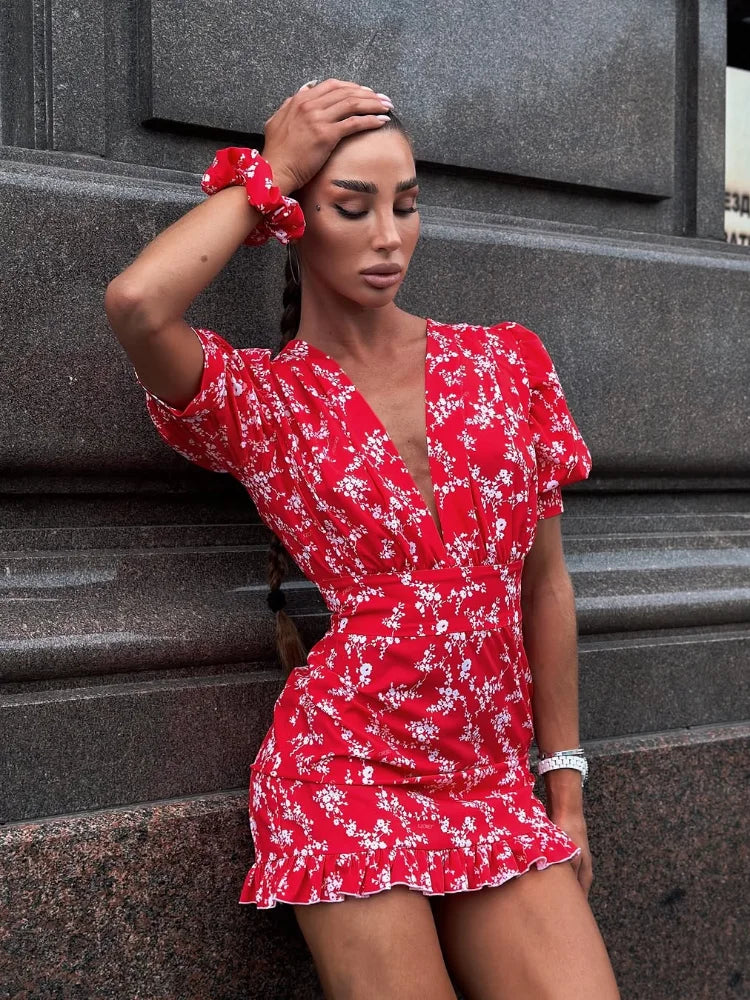 Women Elegant Printed V-neck Dress Chic Lapel Waist Cinched Pleated High Waisted Dresses 2026 Summer New Lady Vacation Vestidos