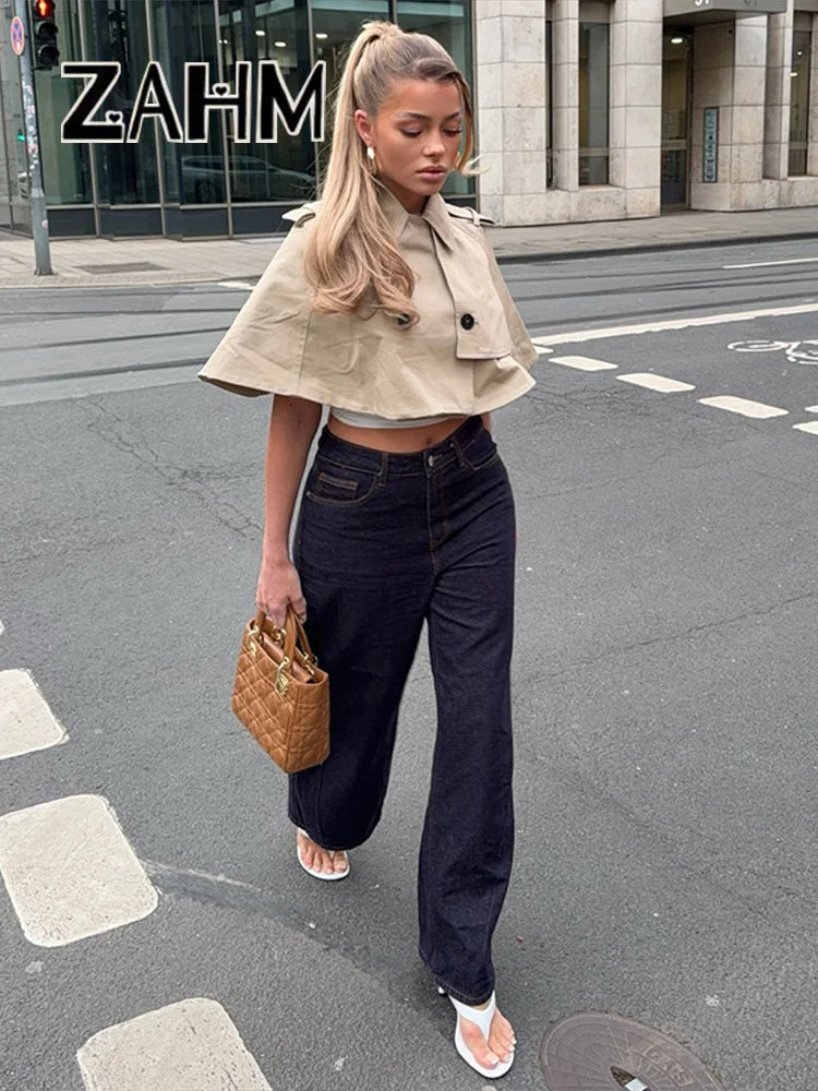 Casual Solid Women's Cope Turn-Down Collar Double Button Solid Lady Cloak 2026 Spring Summer Fashion Female Street Crop Tops New