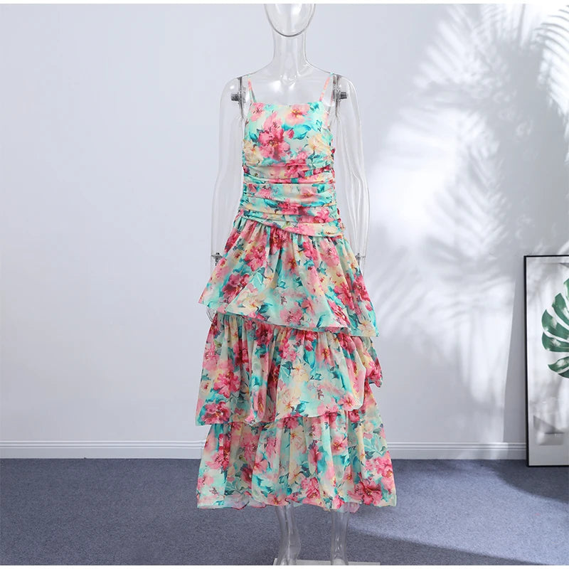 Urban Cascading Ruffle Print Women Long Dress Sexy Backless Sleeveless Slash Neck Female Dresses 2026 Summer Beach Lady Robe