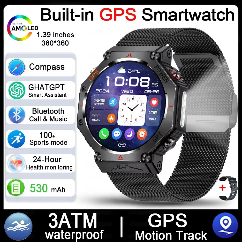 Military Outdoor GPS Smart Watch for Men, 1.39" Display, 5ATM, 530mAh Battery
