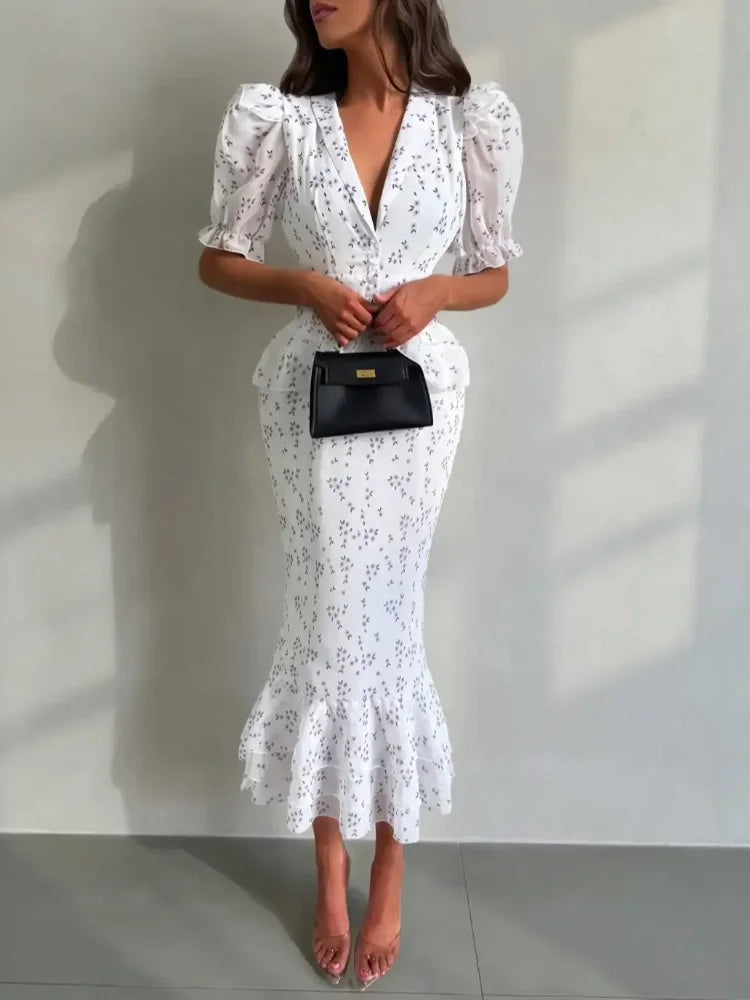 Women Elegant Printed V-neck Dress Chic Lapel Waist Cinched Pleated High Waisted Dresses 2026 Summer New Lady Vacation Vestidos