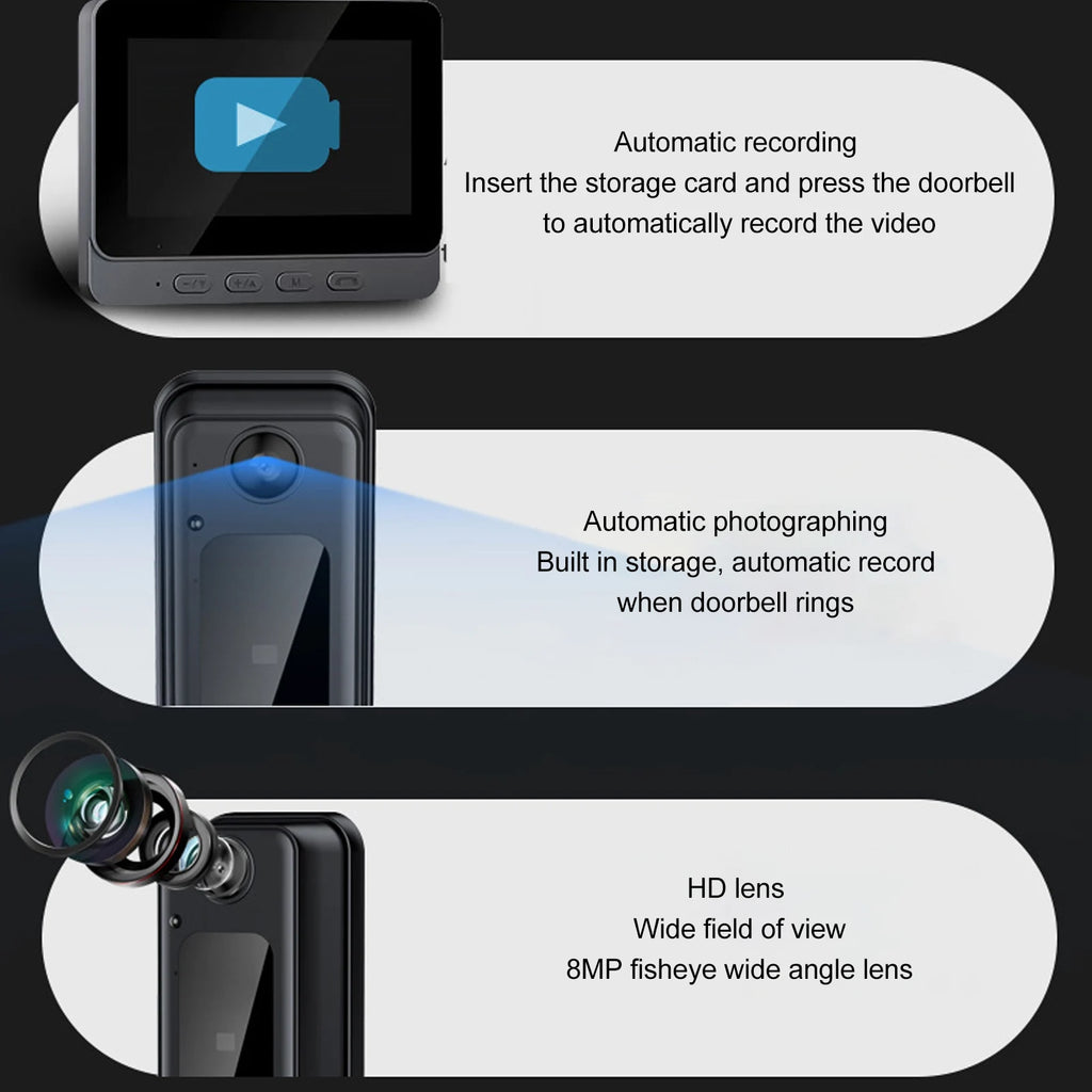Wireless Doorbell Camera 8MP Video Doorbell Camera 170 Degree Wide Angle Fisheye Lens 2 Way Talk with Indoor Monitor for Villa
