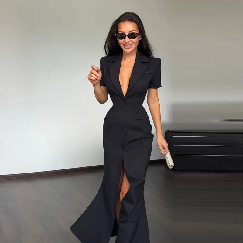 Elegant Single-breasted Blazers Dress 2026 Summer New Slim Waist-cinching Short Sleeve Lapel Long Robes Women's Solid Streetwear