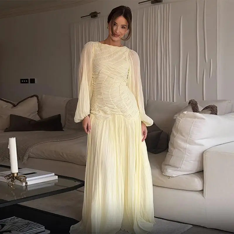 2026 Summer Women's Elegant Pleated Long Dress O-neck Loose Folds Lantern Sleeve Holiday Beach Commute Chic Vestidos